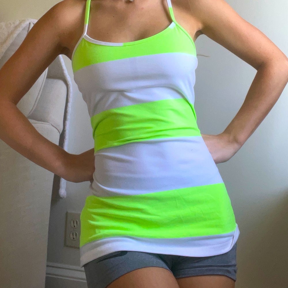 Lululemon Neon Green and White Striped Workout Tank